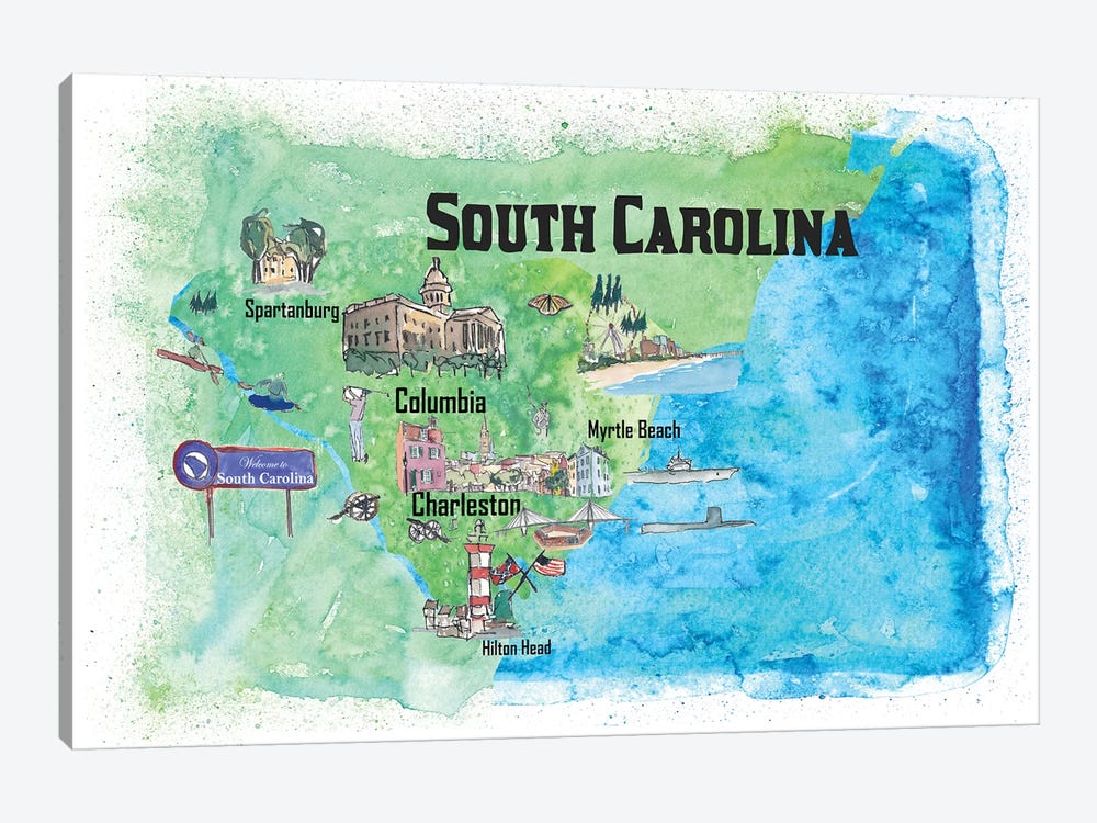USA, South Carolina Illustrated Travel Poster by Markus & Martina Bleichner 1-piece Canvas Artwork