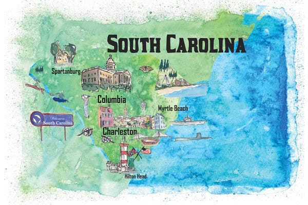Kids Map Art: USA, South Carolina Illustrated Travel Poster by Markus & Martina Bleichner
