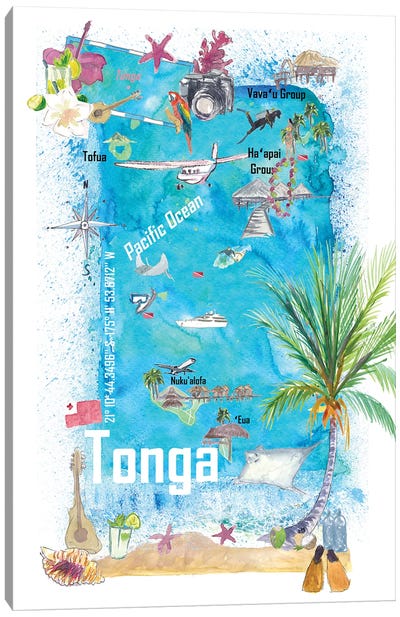 Tonga Polynesia Illustrated Travel Map With Tourist Highlights Canvas Art Print