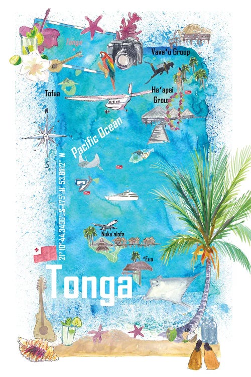 Tonga Polynesia Illustrated Travel Map With Tourist Highlights