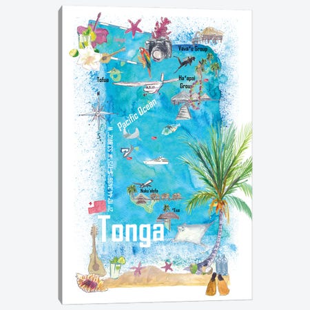 Tonga Polynesia Illustrated Travel Map With Tourist Highlights Canvas Print #MMB714} by Markus & Martina Bleichner Canvas Wall Art