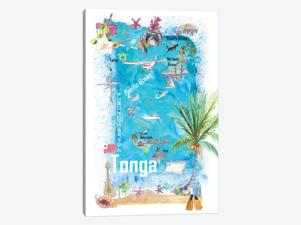 Tonga Polynesia Illustrated Travel Map With Tourist Highlights by Markus & Martina Bleichner 1-piece Art Print