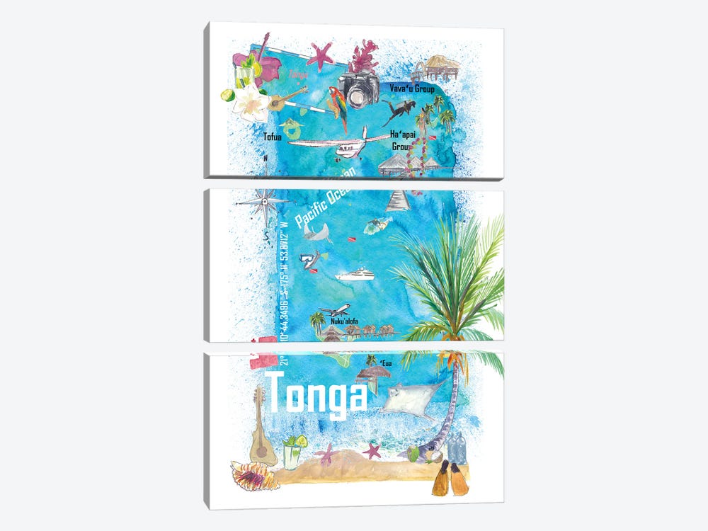 Tonga Polynesia Illustrated Travel Map With Tourist Highlights by Markus & Martina Bleichner 3-piece Canvas Art Print