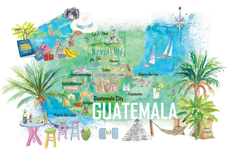 Guatemala Illustrated Travel Map With Roads And Tourist Highlights