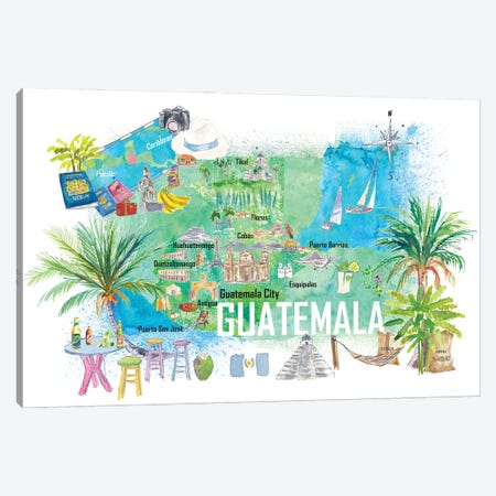 Guatemala Illustrated Travel Map With Roads And Tourist Highlights Canvas Print #MMB715} by Markus & Martina Bleichner Canvas Wall Art