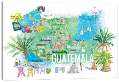 Guatemala Illustrated Travel Map With Roads And Tourist Highlights Canvas Art Print - Central America