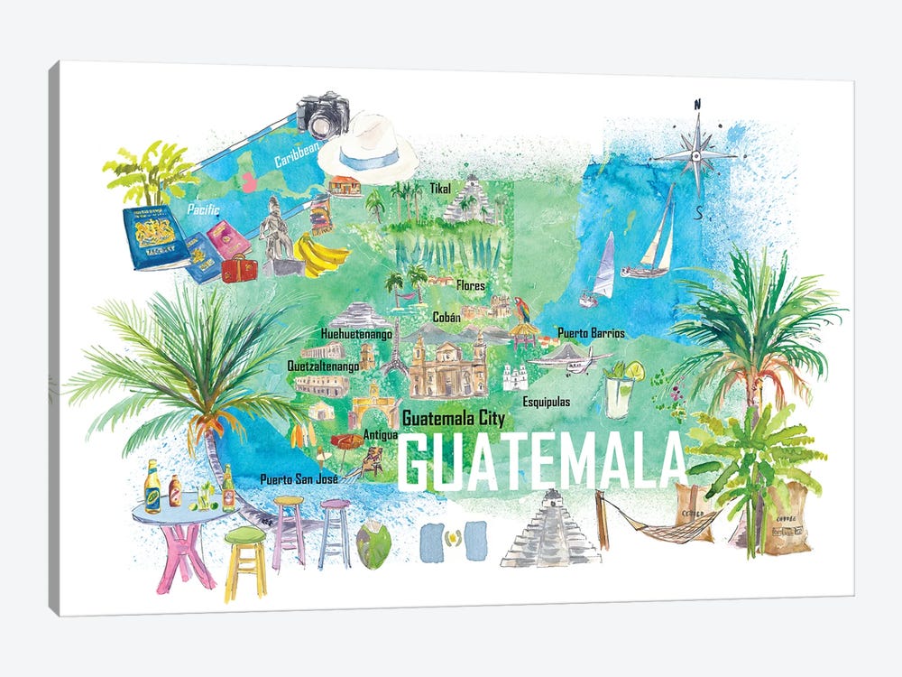 Guatemala Illustrated Travel Map With Roads And Tourist Highlights by Markus & Martina Bleichner 1-piece Canvas Art