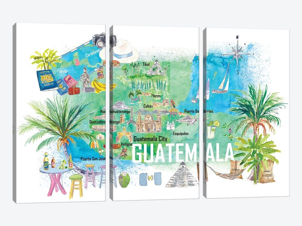 Guatemala Illustrated Travel Map With Roads And Tourist Highlights by Markus & Martina Bleichner 3-piece Canvas Art