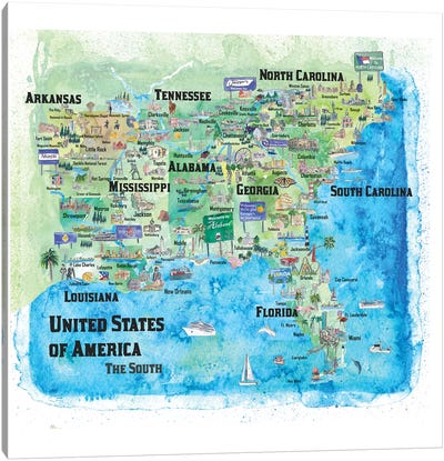 USA, Southern States Travel Poster Canvas Art Print - Kids Map Art