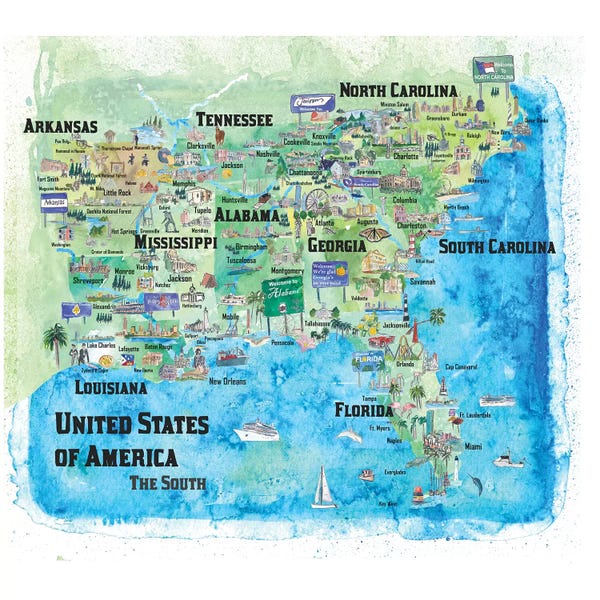 Kids Map Art: USA, Southern States Travel Poster by Markus & Martina Bleichner