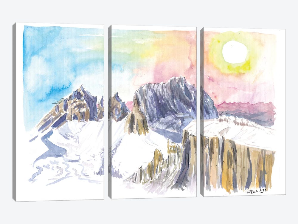 Dolomites Mountain Ridge With Winter Snow And Langkofel Sassolungo On South Tyrol, Italy by Markus & Martina Bleichner 3-piece Canvas Art Print