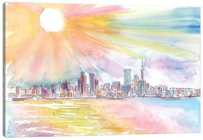 Auckland New Zealand Skyline Waterfront With Sunset Canvas Art Print - New Zealand Art
