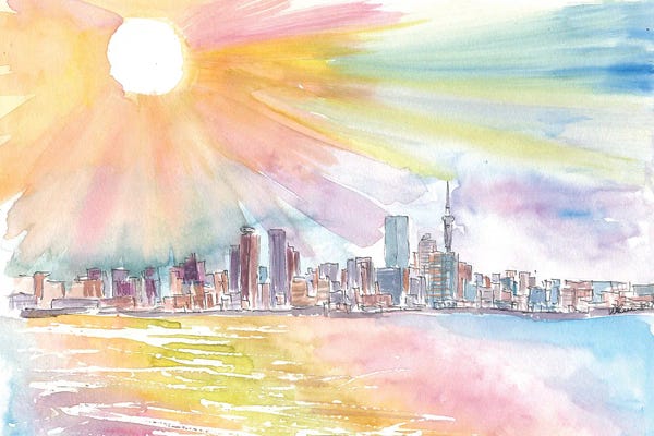 North Island: Auckland New Zealand Skyline Waterfront With Sunset by Markus & Martina Bleichner