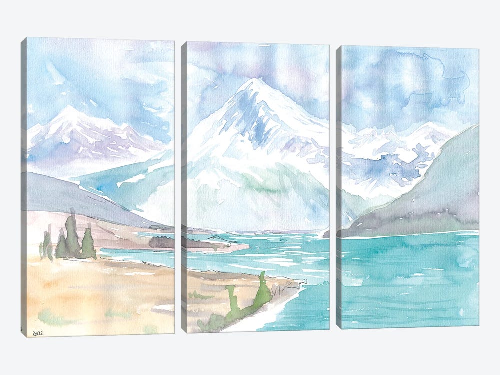 New Zealand Watercolor Landscape With Lake And Mountains by Markus & Martina Bleichner 3-piece Canvas Wall Art
