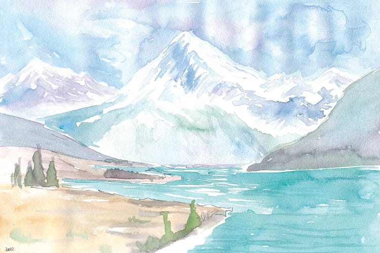 New Zealand Watercolor Landscape With Lake And Mountains