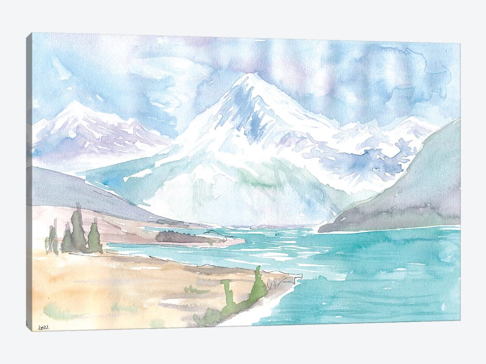 New Zealand Watercolor Landscape With Lake And Mountains by Markus & Martina Bleichner 1-piece Canvas Wall Art