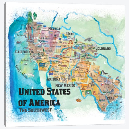 USA, Southwest States Travel Poster Map Canvas Print #MMB72} by Markus & Martina Bleichner Canvas Wall Art