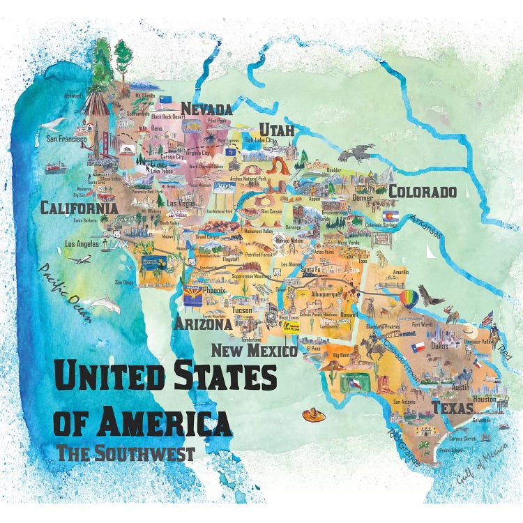 USA, Southwest States Travel Poster Map