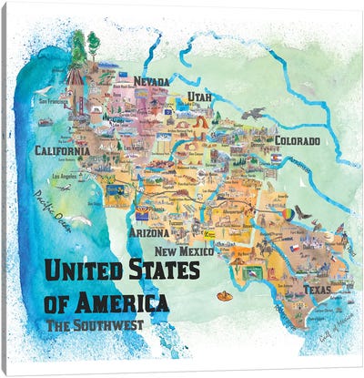 USA, Southwest States Travel Poster Map Canvas Art Print - USA Maps