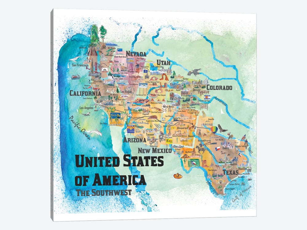 USA, Southwest States Travel Poster Map by Markus & Martina Bleichner 1-piece Canvas Artwork