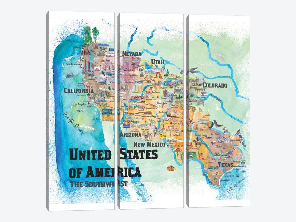 USA, Southwest States Travel Poster Map by Markus & Martina Bleichner 3-piece Canvas Artwork