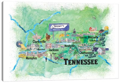 USA, Tennessee Illustrated Travel Poster Canvas Art Print - Kids Map Art