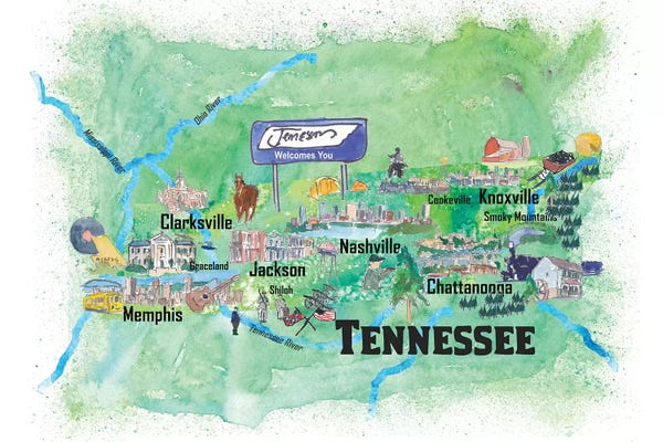 Kids Map Art: USA, Tennessee Illustrated Travel Poster by Markus & Martina Bleichner