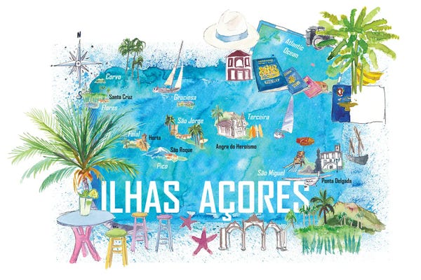 Markus & Martina Bleichner: Azores Islands Portugal Travel Map With Tourist Highlights by Markus & Martina Bleichner
