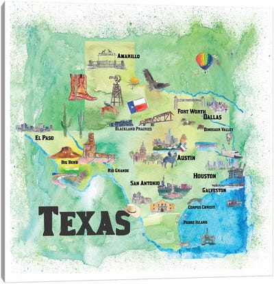 USA, Texas Travel Poster Canvas Art Print - Kids Map Art