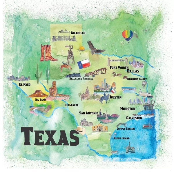 Kids Map Art: USA, Texas Travel Poster by Markus & Martina Bleichner