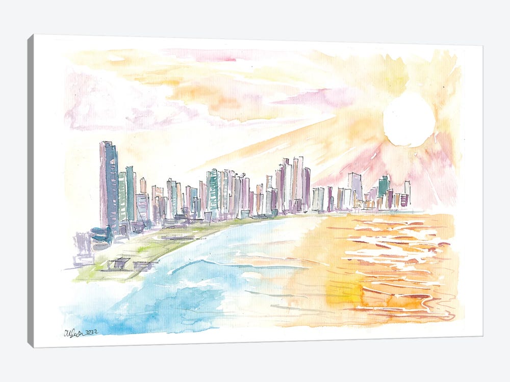 Panama City Impressive Skyline With Ocean And Sunset by Markus & Martina Bleichner 1-piece Canvas Print