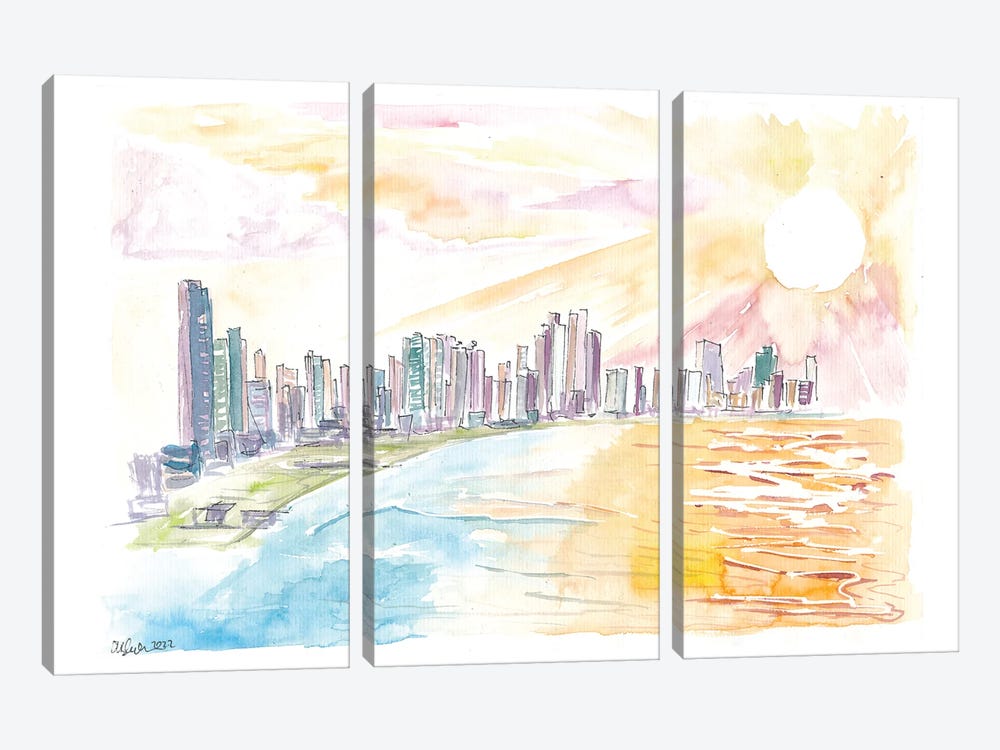 Panama City Impressive Skyline With Ocean And Sunset by Markus & Martina Bleichner 3-piece Art Print