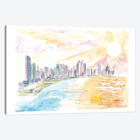 Panama City Impressive Skyline With Ocean And Sunset Canvas Print #MMB750} by Markus & Martina Bleichner Canvas Art Print