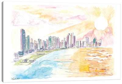 Panama City Impressive Skyline With Ocean And Sunset Canvas Art Print - Panama