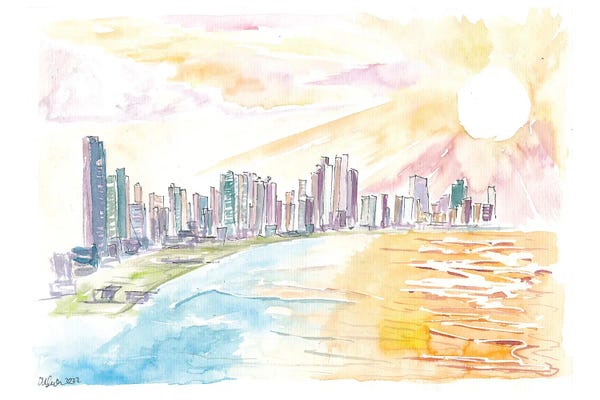 Markus & Martina Bleichner: Panama City Impressive Skyline With Ocean And Sunset by Markus & Martina Bleichner