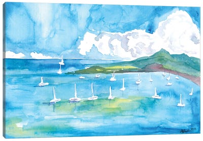Yachts And Sailboats Anchored In A Caribbean Bay Canvas Art Print - Caribbean Art