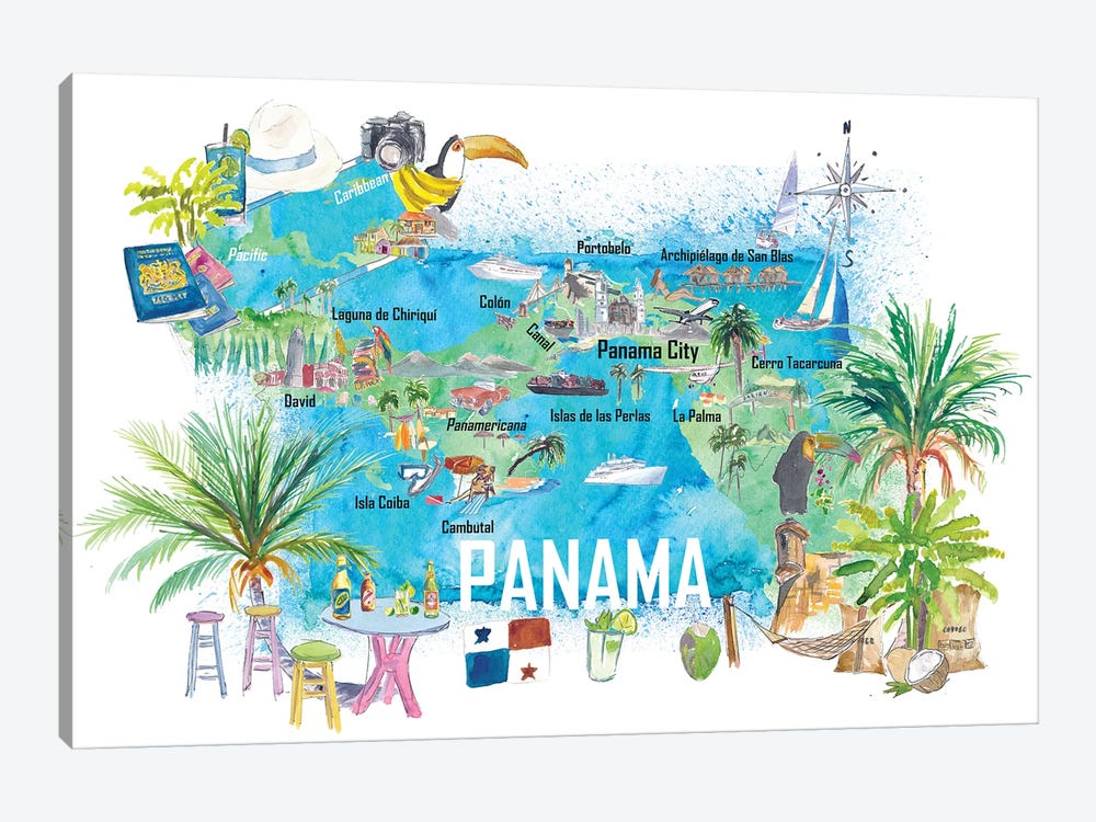 Panama Illustrated Travel Map With Tourist Highlights And Panamericana by Markus & Martina Bleichner 1-piece Canvas Art Print