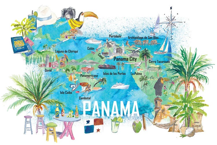 Panama Illustrated Travel Map With Tourist Highlights And Panamericana