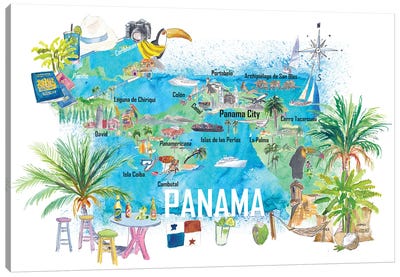 Panama Illustrated Travel Map With Tourist Highlights And Panamericana Canvas Art Print - Panama