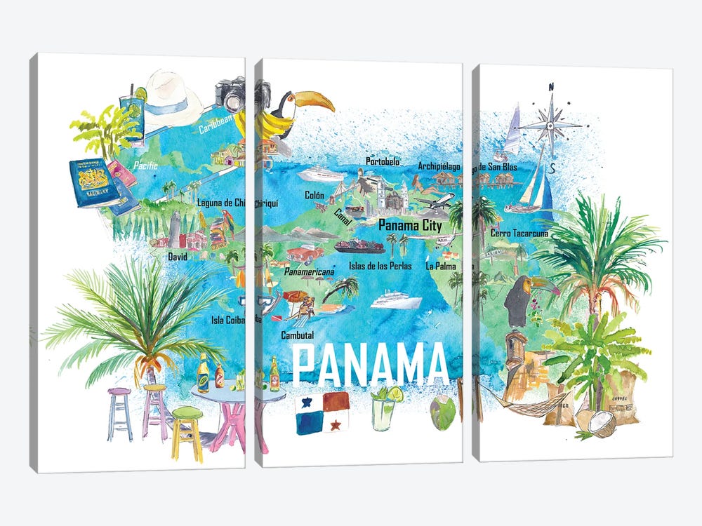 Panama Illustrated Travel Map With Tourist Highlights And Panamericana 3-piece Canvas Print