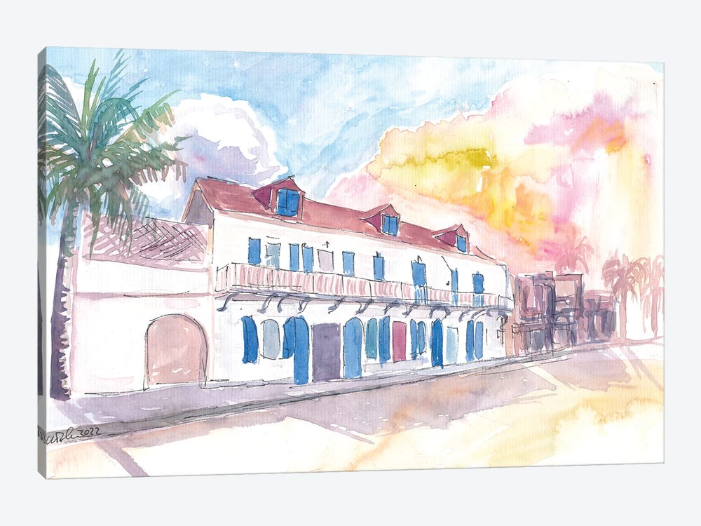 Colonial Street Scene In Marigot Saint Martin In French Caribbean by Markus & Martina Bleichner 1-piece Canvas Artwork