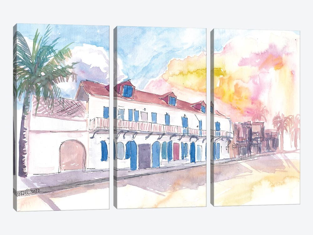 Colonial Street Scene In Marigot Saint Martin In French Caribbean by Markus & Martina Bleichner 3-piece Canvas Art