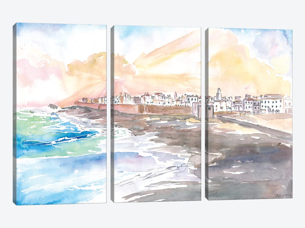 Essaouira Morocco View Of Medina With Breaking Ocean Waves by Markus & Martina Bleichner 3-piece Canvas Print