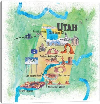 USA, Utah Illustrated Travel Poster Canvas Art Print - Kids Map Art