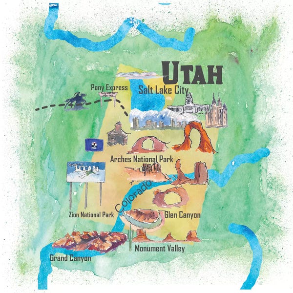 Kids Map Art: USA, Utah Illustrated Travel Poster by Markus & Martina Bleichner