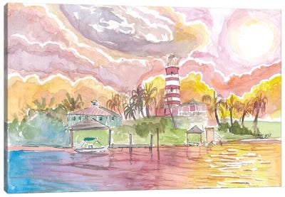 Incredible Sunset Of Caribbean Lighthouse And Town On Abaco Islands Bahamas Canvas Art Print - Caribbean Art