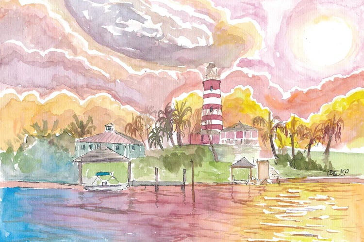 Incredible Sunset Of Caribbean Lighthouse And Town On Abaco Islands Bahamas