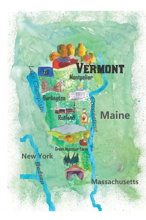 USA, Vermont State Travel Poster Map