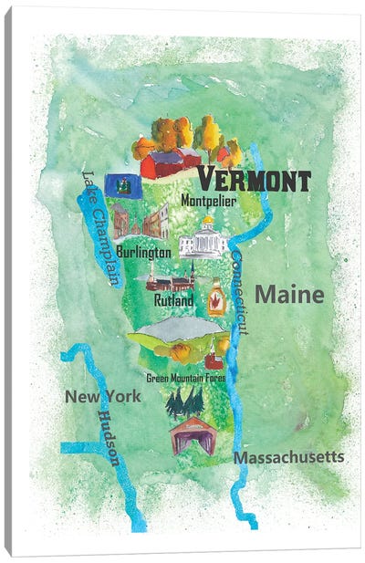 USA, Vermont State Travel Poster Map Canvas Art Print - Vermont Art