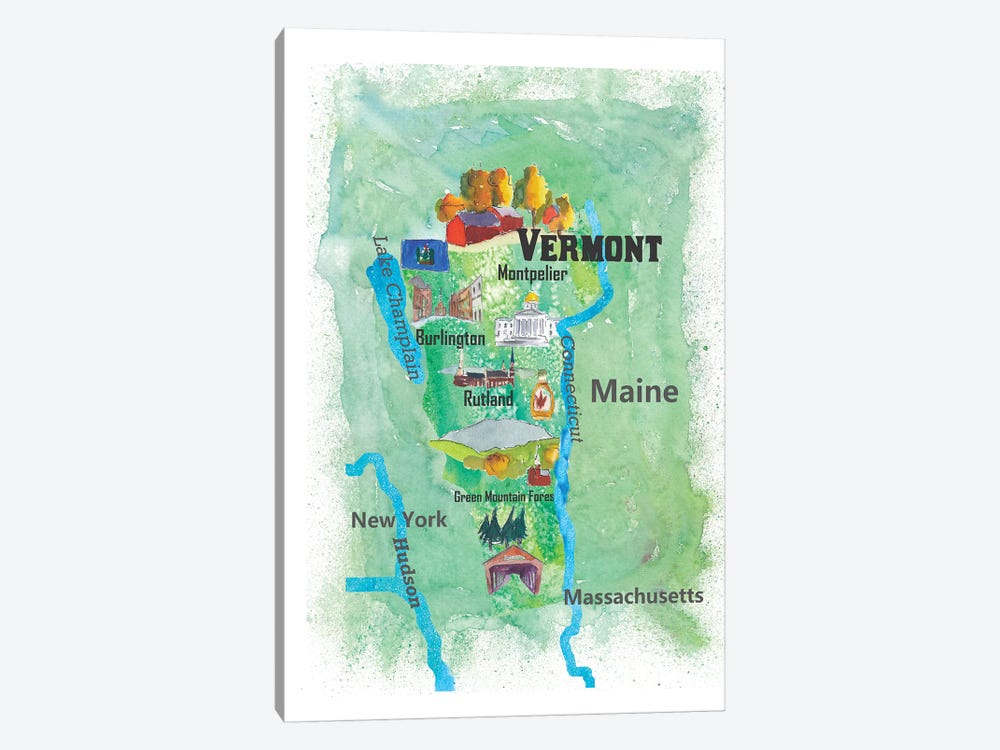USA, Vermont State Travel Poster Map by Markus & Martina Bleichner 1-piece Canvas Artwork